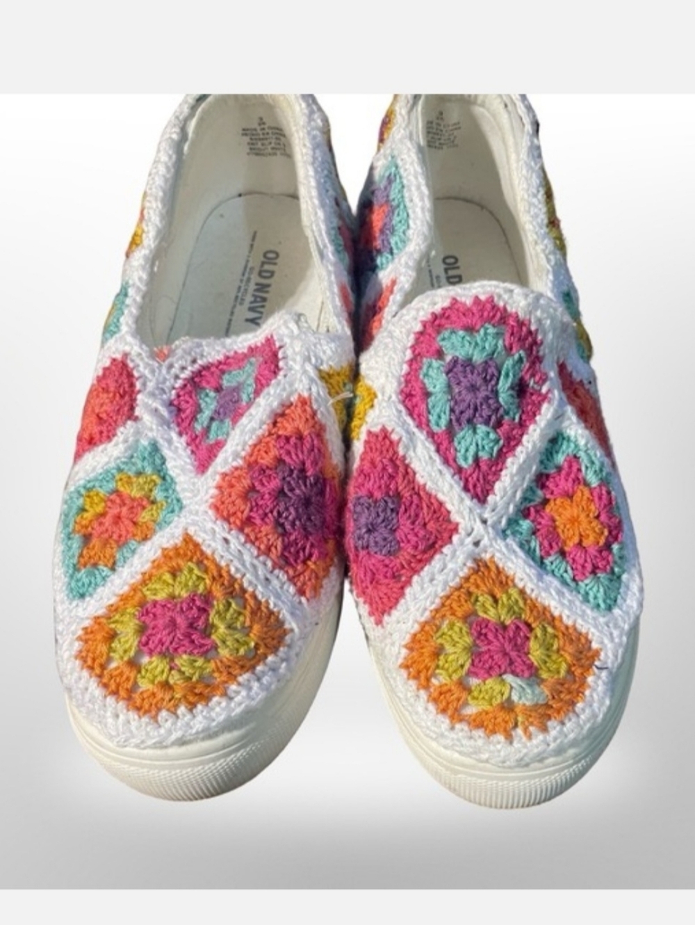 Old Navy White Crochet Slip-On Mules with Multicolor Crochet Squares